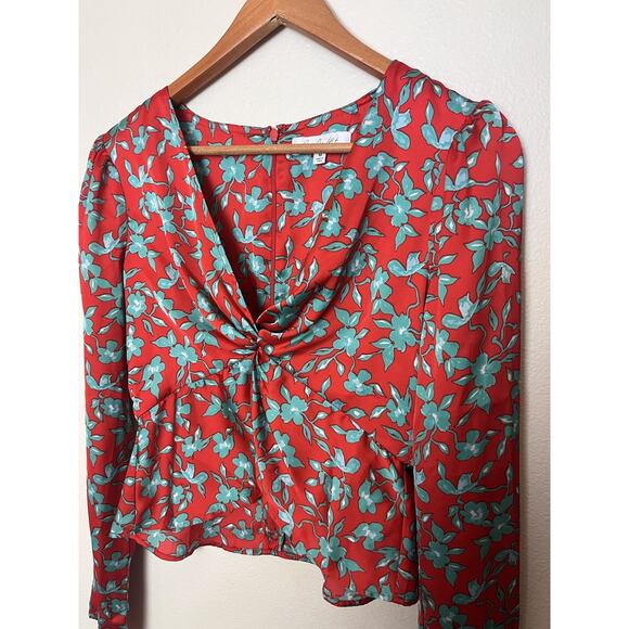 Love, Whit by Whitney Floral Long Sleeve Crop Satin V Neck Top Size Medium Red - Picture 4 of 10